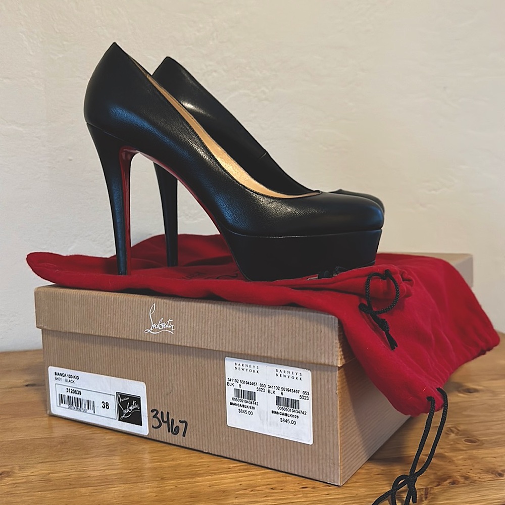 CHRISTIAN LOUBOUTIN Bianca 120 Black Leather Platform Pumps Size Us 7.5 -EU 38